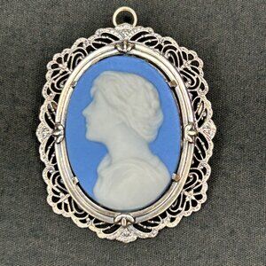 Vintage Symmetalic Sterling 14K Blue Jasperware Cameo Pendant Filigree Art Deco